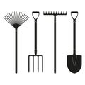 Shovel or spade, rake and pitchfork icons isolated on white background. Gardening tools design. Vector illustration Royalty Free Stock Photo